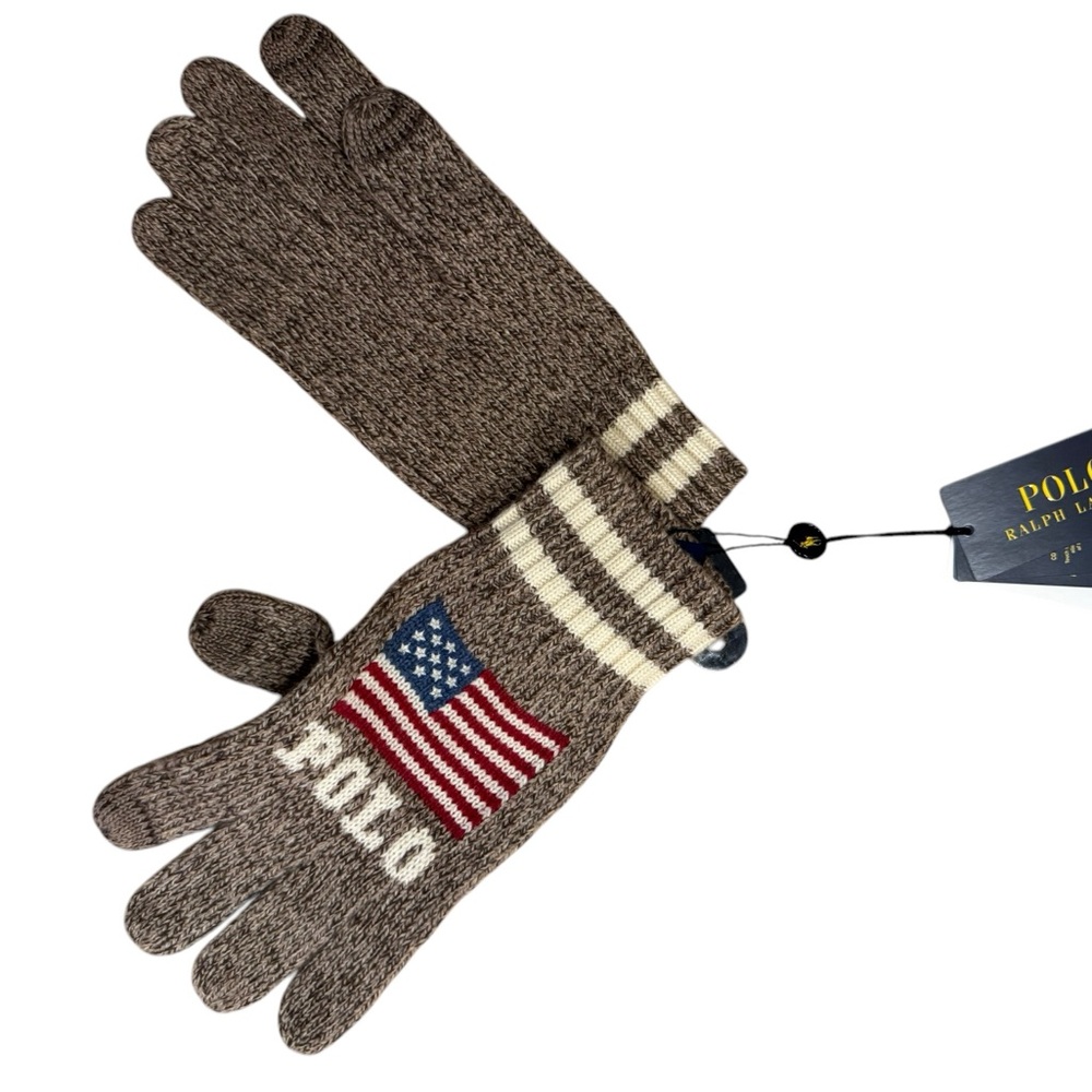 Polo by Ralph Lauren Brown Knit Gloves with American Flag NWT Vintage